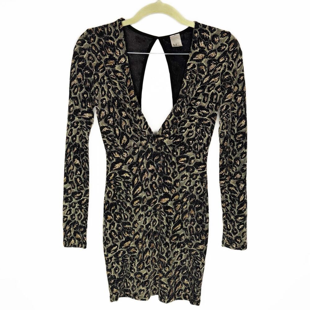 monaco USA Black Metallic Glitter Leopard‎ Semi Sheer Plunge Bodycon Dress Small
